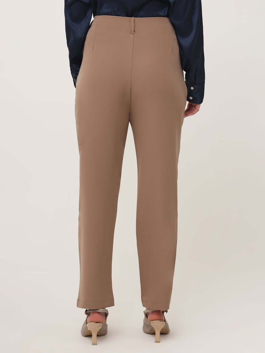 Women'S Luxury Banana Crepe Dark Beige Skin Fit With Multi Pleated Trouser