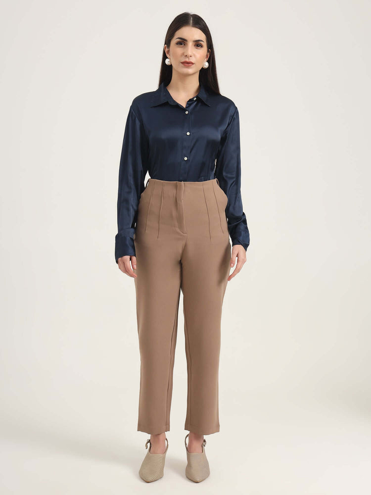 Women'S Luxury Banana Crepe Dark Beige Skin Fit With Multi Pleated Trouser