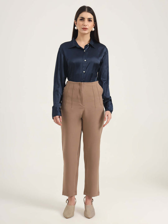 Women'S Luxury Banana Crepe Dark Beige Skin Fit With Multi Pleated Trouser