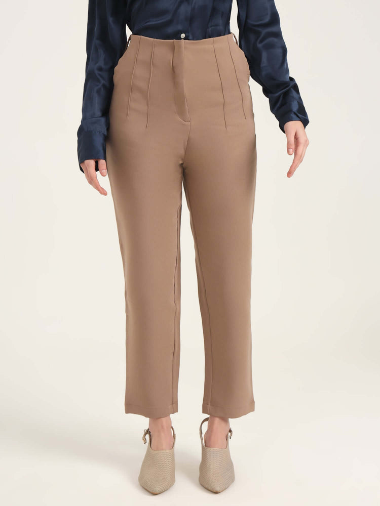 Women'S Luxury Banana Crepe Dark Beige Skin Fit With Multi Pleated Trouser
