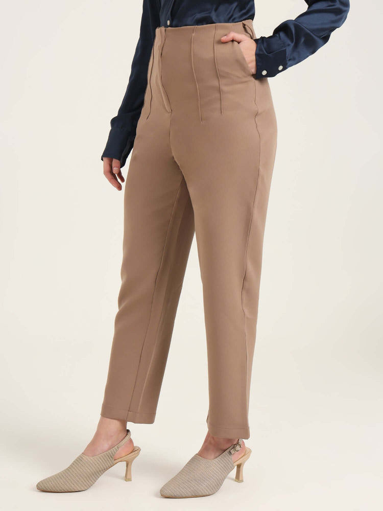 Women'S Luxury Banana Crepe Dark Beige Skin Fit With Multi Pleated Trouser