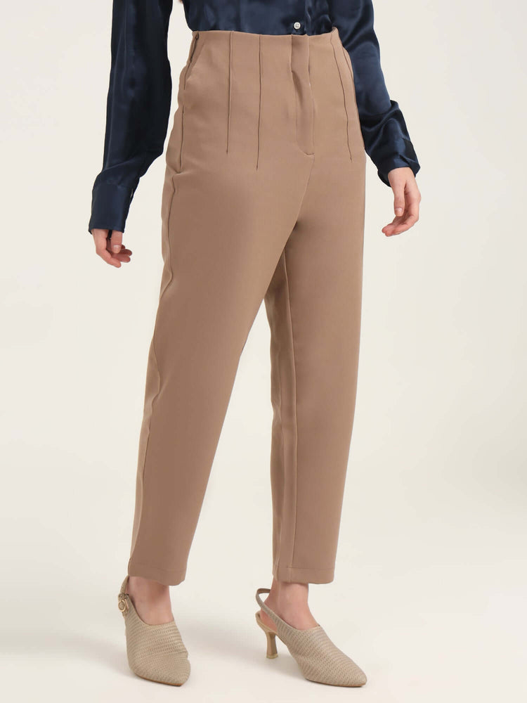 Women'S Luxury Banana Crepe Dark Beige Skin Fit With Multi Pleated Trouser