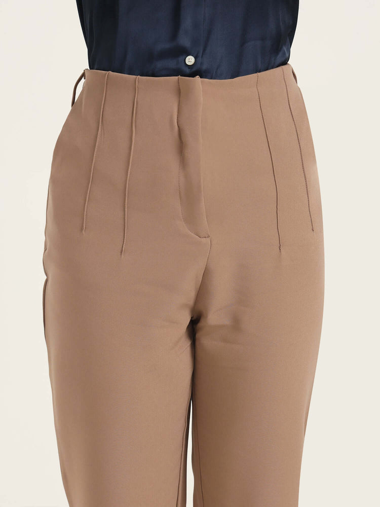 Women'S Luxury Banana Crepe Dark Beige Skin Fit With Multi Pleated Trouser