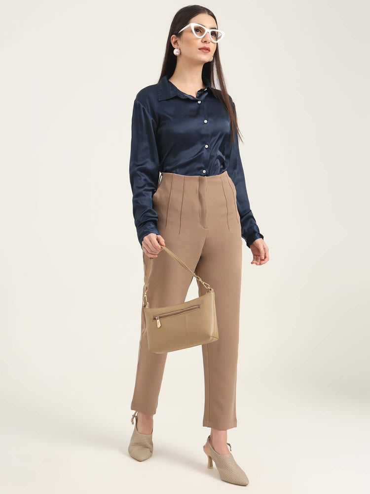 Women'S Luxury Banana Crepe Dark Beige Skin Fit With Multi Pleated Trouser