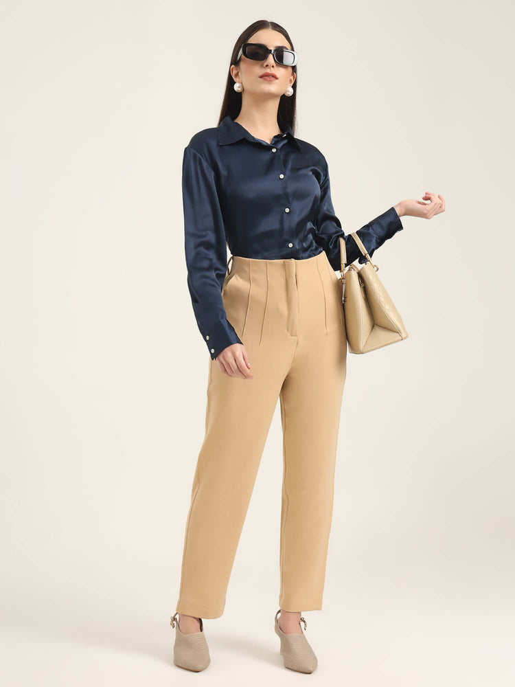 Women'S Luxury Banana Crepe Wheat Skin Fit With Multi Pleated Trouser