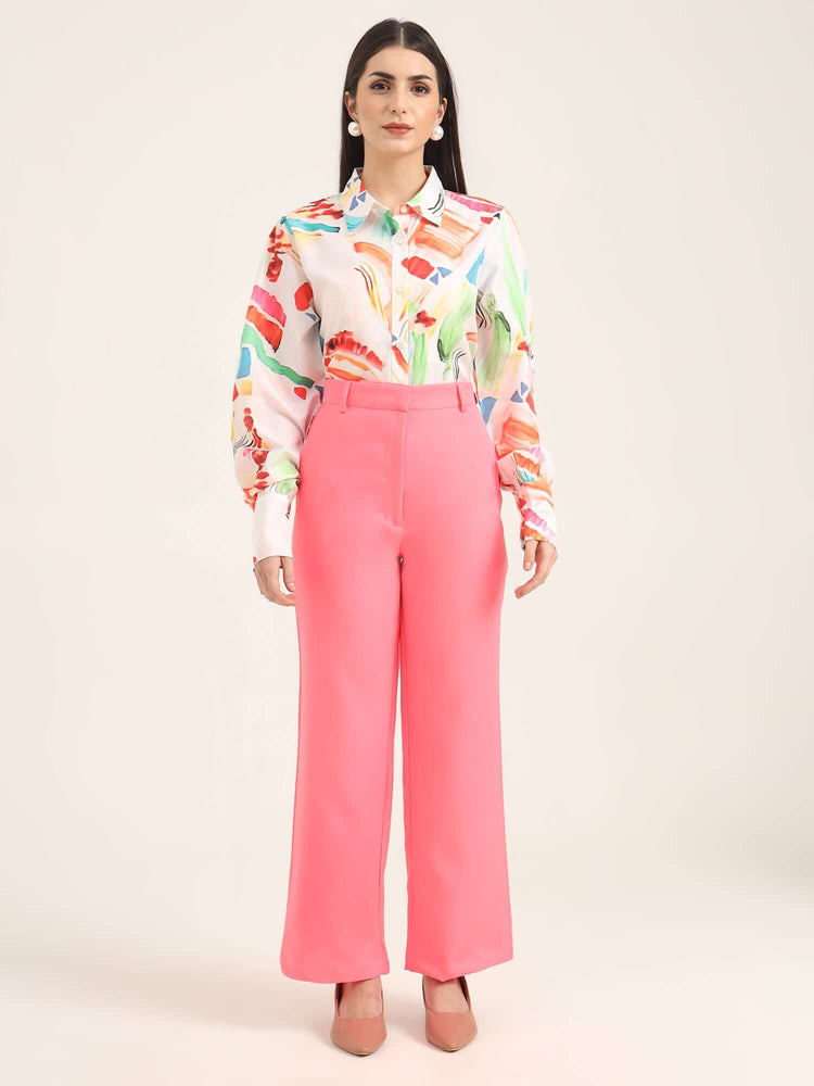 Women'S Luxury Banana Crepe Hot Pink Straight Fit With Flap Pocket Trouser
