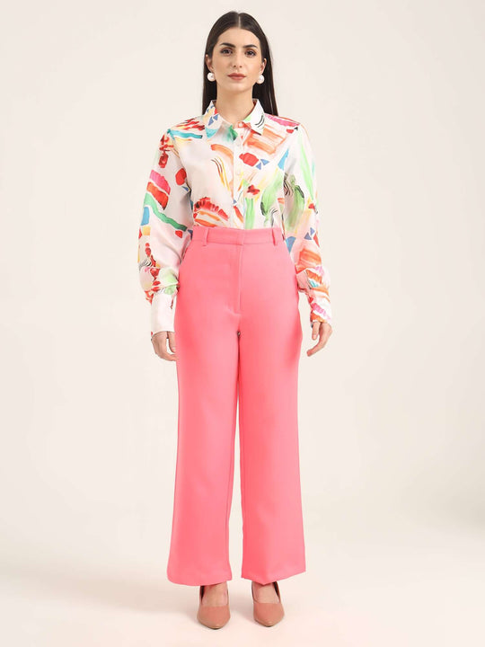 Women'S Luxury Banana Crepe Hot Pink Straight Fit With Flap Pocket Trouser