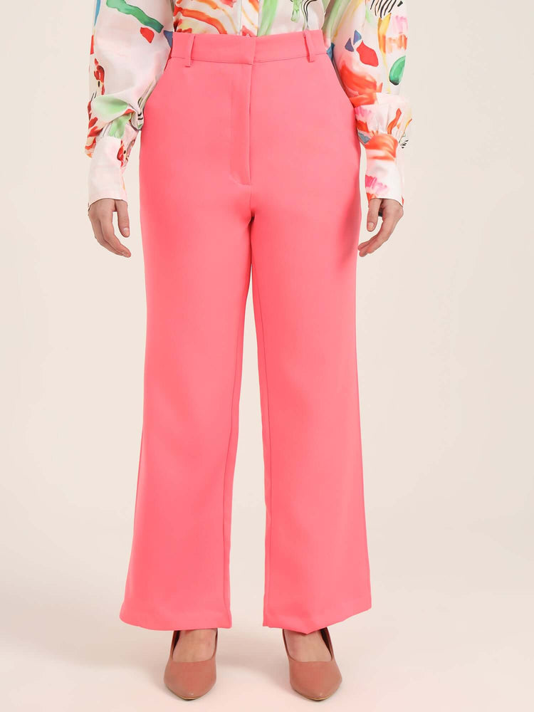 Women'S Luxury Banana Crepe Hot Pink Straight Fit With Flap Pocket Trouser