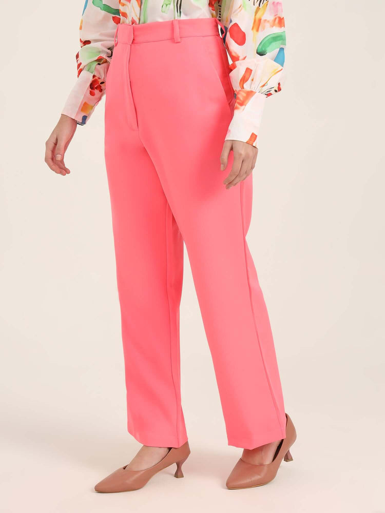 Women'S Luxury Banana Crepe Hot Pink Straight Fit With Flap Pocket Trouser