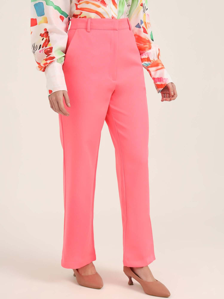 Women'S Luxury Banana Crepe Hot Pink Straight Fit With Flap Pocket Trouser