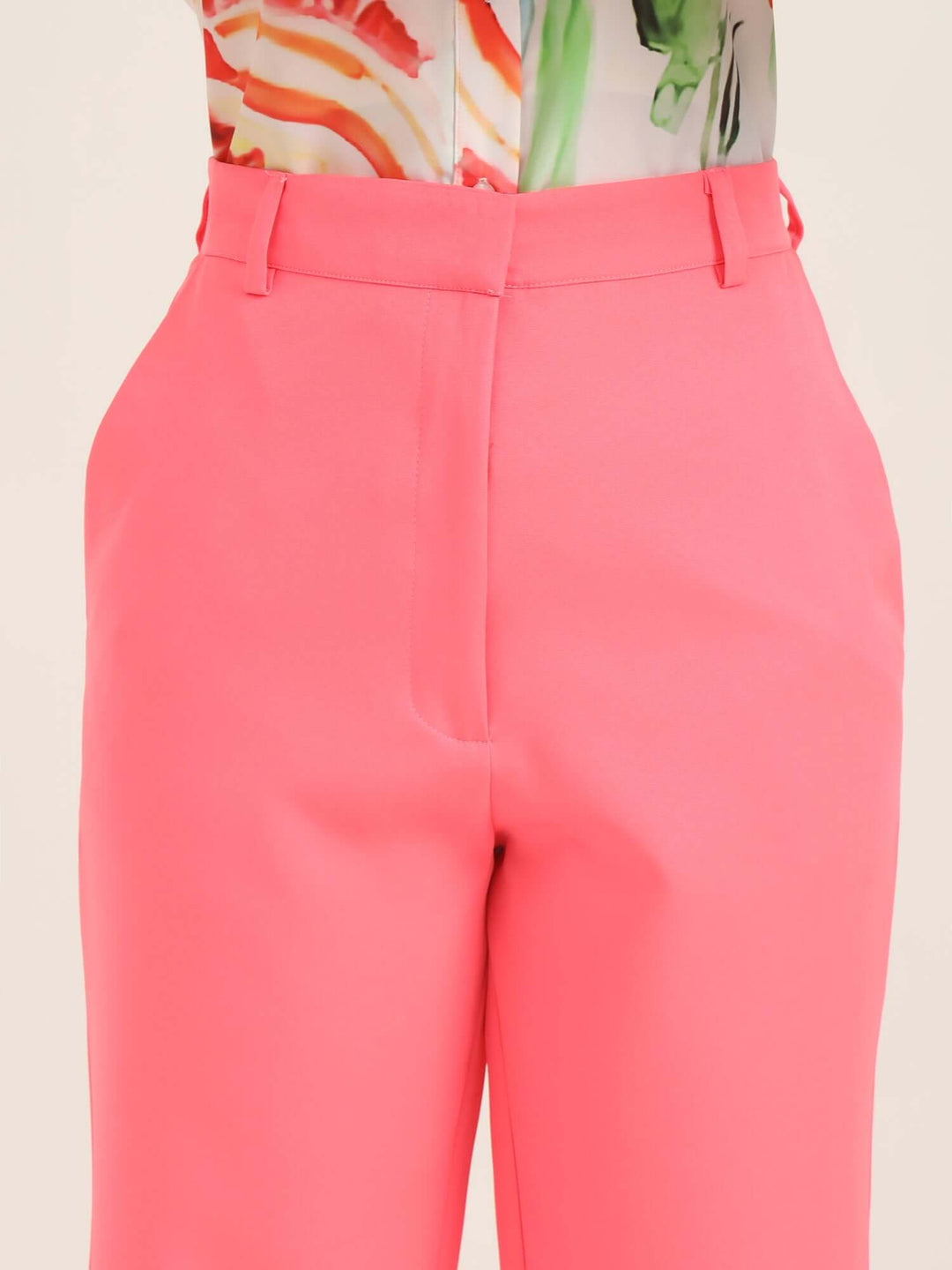 Women'S Luxury Banana Crepe Hot Pink Straight Fit With Flap Pocket Trouser