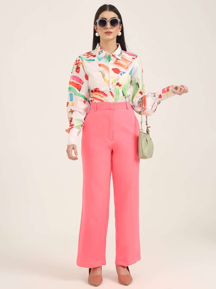 Women'S Luxury Banana Crepe Hot Pink Straight Fit With Flap Pocket Trouser