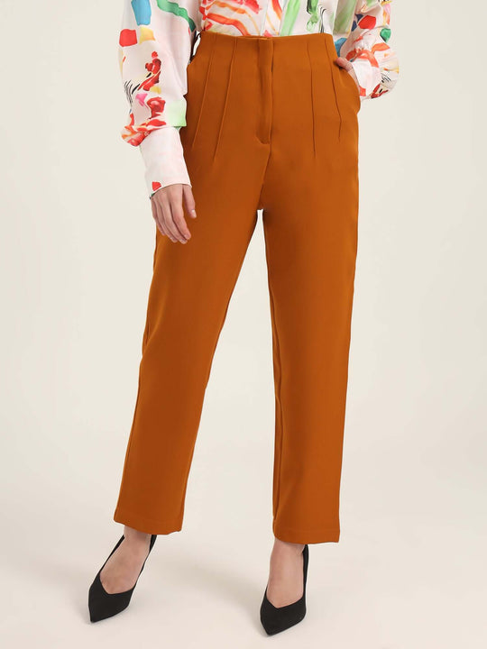 Women'S Luxury Banana Crepe Sepia Skin Fit With Multi Pleated Trouser