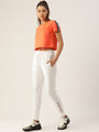 Womens Premium White Cotton Lycra Smart Fit Printed Track Pant